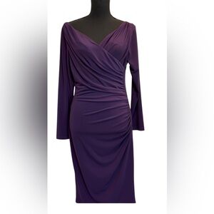 Enchante purple wrap style ruched jersey midi cocktail dress Sz 8